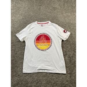 Canada Weather Gear Shirt Mens Large White Red Flames Fire CWG Short Sleeve FLAW